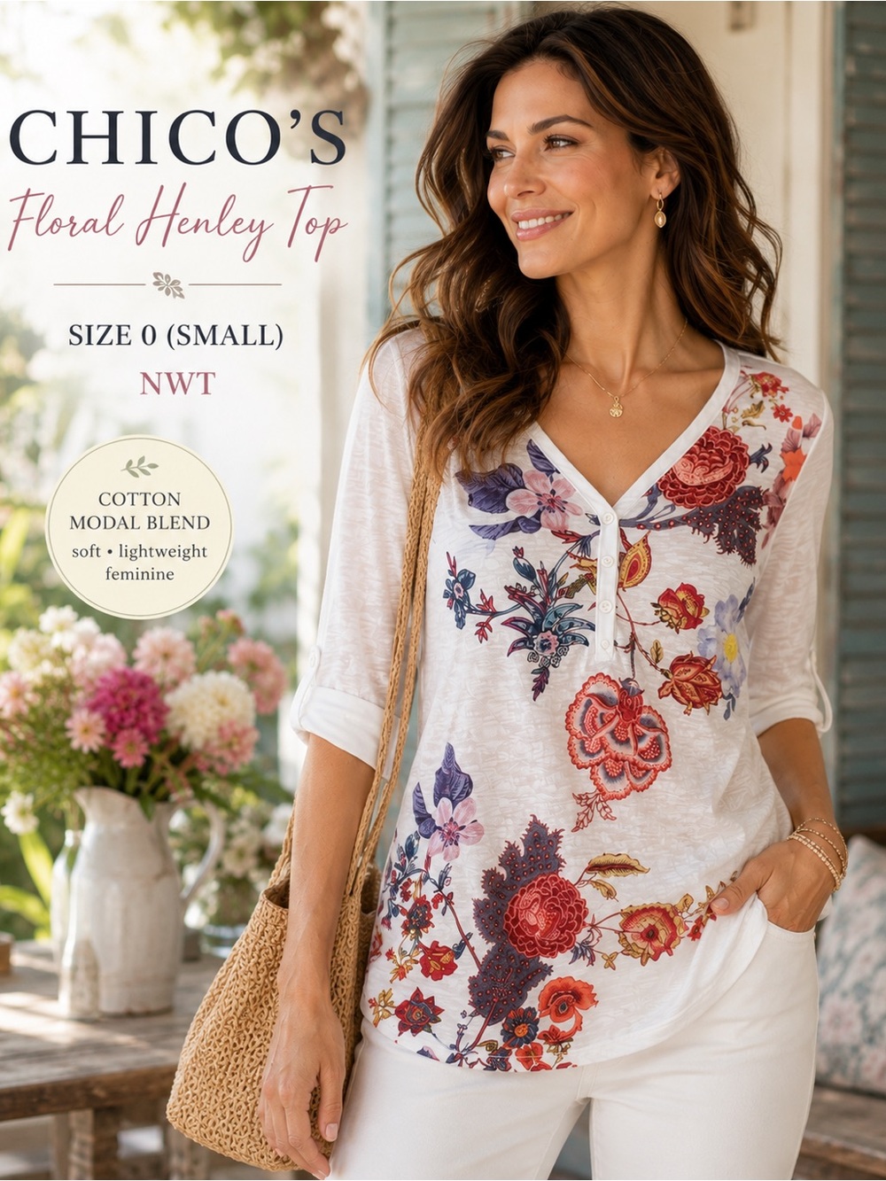 Chico’s Floral Henley Top Size 0 Small NWT Cotton Modal Boho Tee